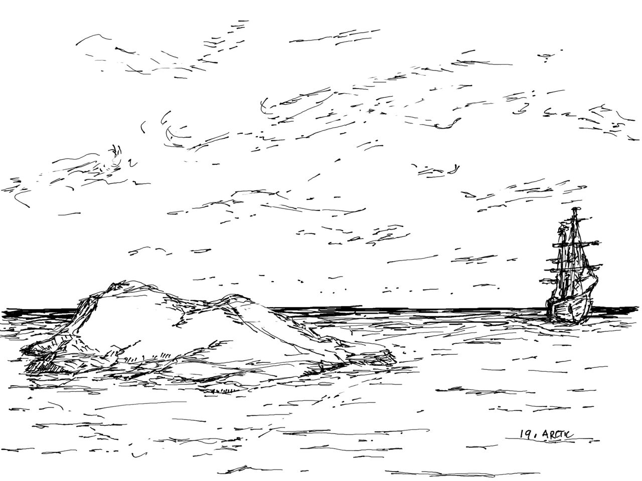 Under a wispy cloudy sky, a small iceberg floats in the ocean. To the right, a tall sailing ship approaches. Don’t worry, they’re not on a collision course.